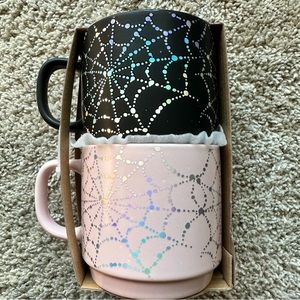 Set of Two Coffee / Tea Pink Black Mugs Holographic Spider Webs